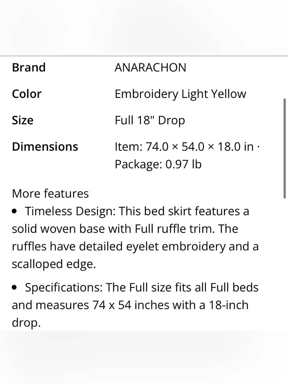 FULL Bed Skirt Eyelet Dust Ruffle with 18” Drop 100% Microfiber - LIGHT YELLOW